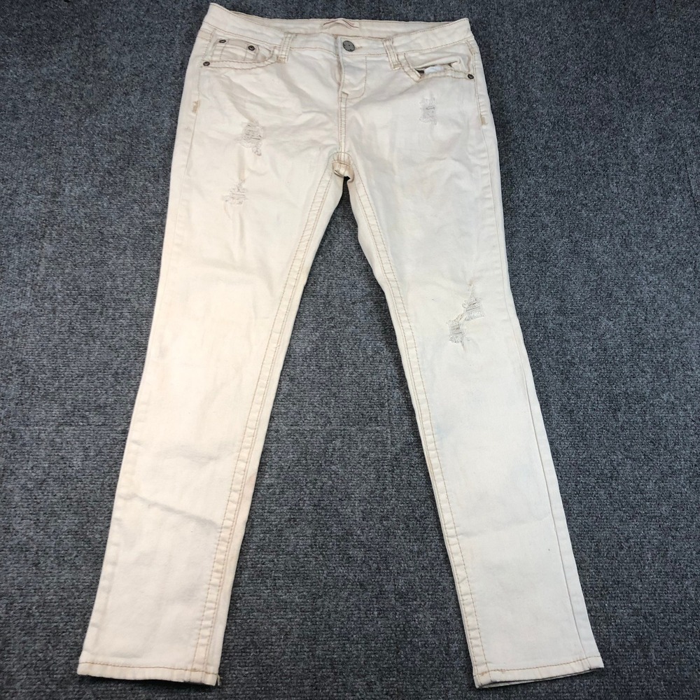 No Boundaries Distressed Cream Skinny Jeans Womens Size 15‎